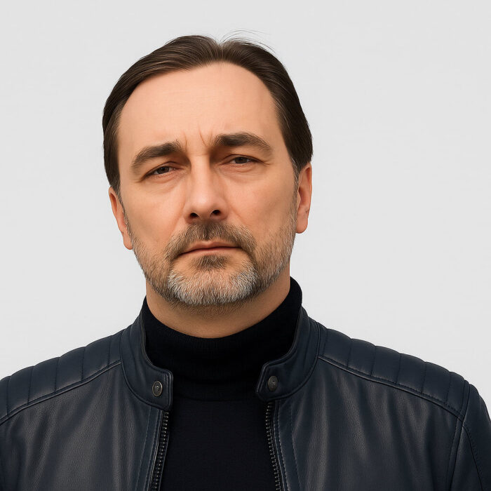 Уверен мъж с кожено яке и силна изразителност на фона на светлосив фон.