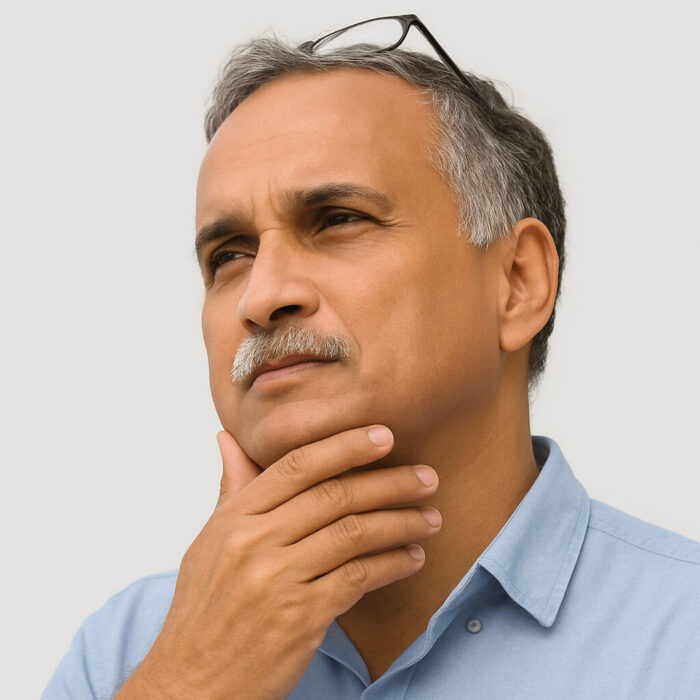 Размишляващ мъж с интелигентен израз, носещ светлосиня риза, вперен в далечината.