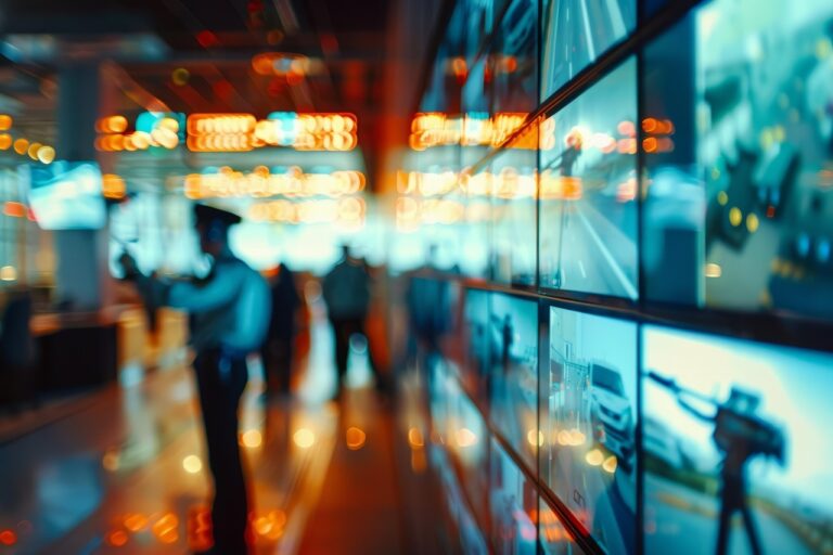 Модерна контролна зала с активен мониторинг и технологии за видеонаблюдение.