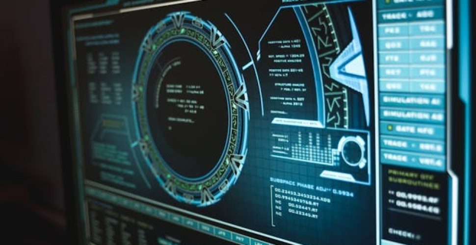 Футуристичен Компютърен Интерфейс за Данни Модерен компютърен интерфейс за данни с неонови графики и навигационни панели.
